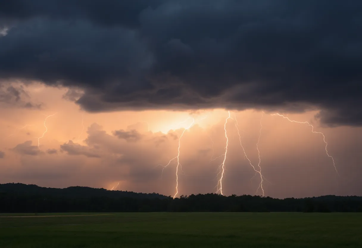 Dark storm clouds with lightning over Upstate South Carolina
