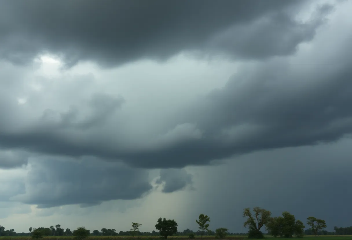 An approaching severe thunderstorm with dark clouds and strong winds.