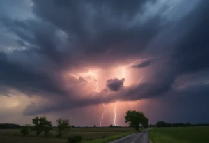 Dark storm clouds with lightning over a rural landscape indicating severe weather