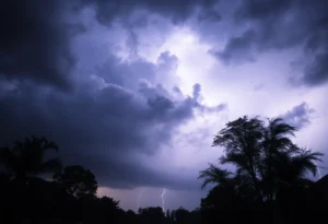 Dark clouds and lightning indicating a severe thunderstorm