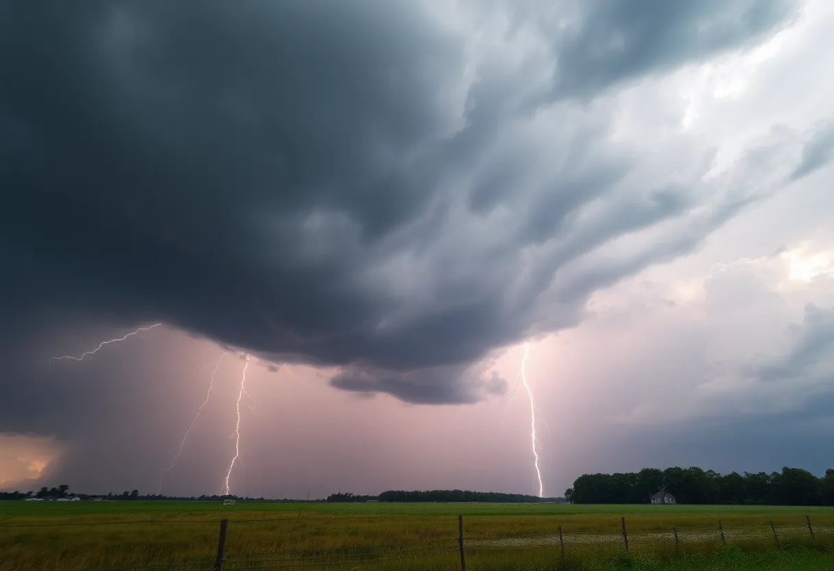 Dark storm clouds over South Carolina with lightning in the background