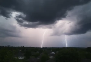 Dark storm clouds and lightning over a town during severe thunderstorms.