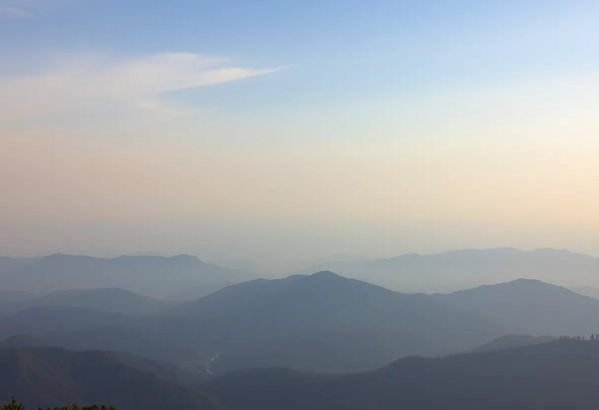 Hazy sky over mountains indicating air pollution from wildfires