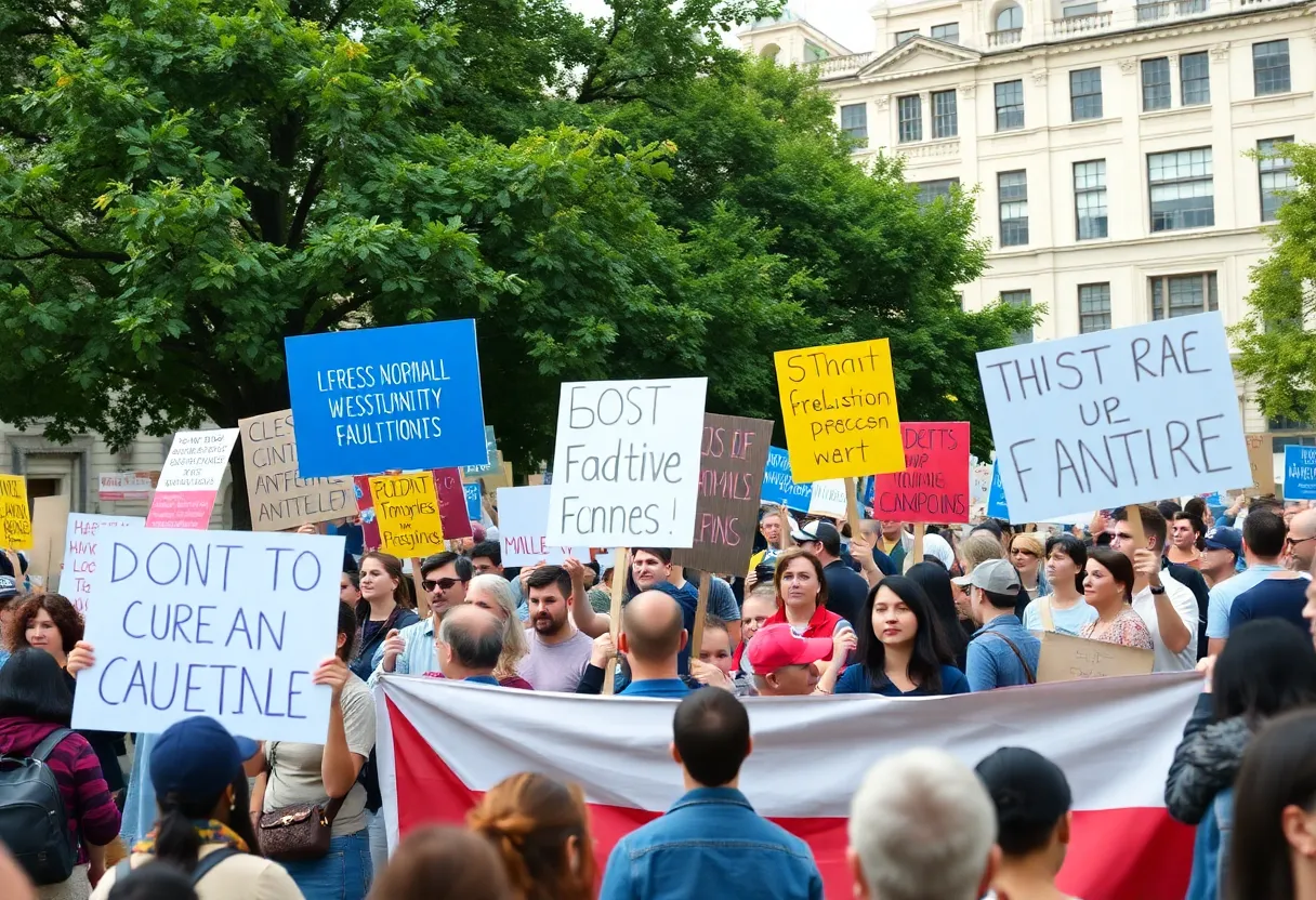 Protesters in South Carolina demonstrating against Trump, holding signs and banners.