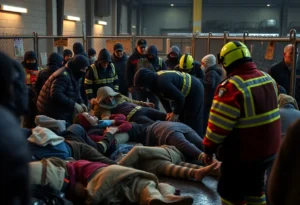 Emergency responders at a homeless shelter after a stabbing incident