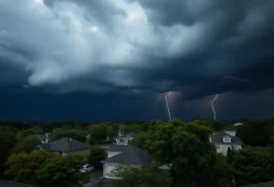 Dark storm clouds gathering over a suburban area