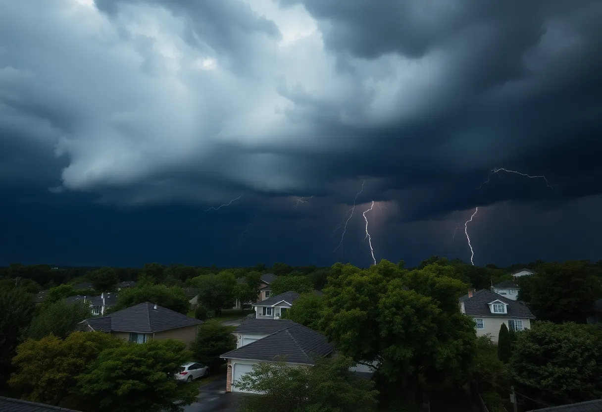 Dark storm clouds gathering over a suburban area