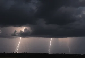 Dark storm clouds over Columbia, SC, indicating severe weather conditions.