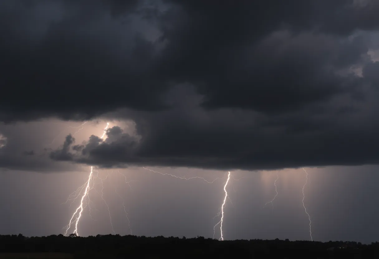 Dark storm clouds over Columbia, SC, indicating severe weather conditions.