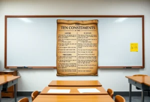 A framed poster of the Ten Commandments on a classroom wall