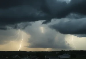 Dramatic thunderstorm clouds hovering over a small town