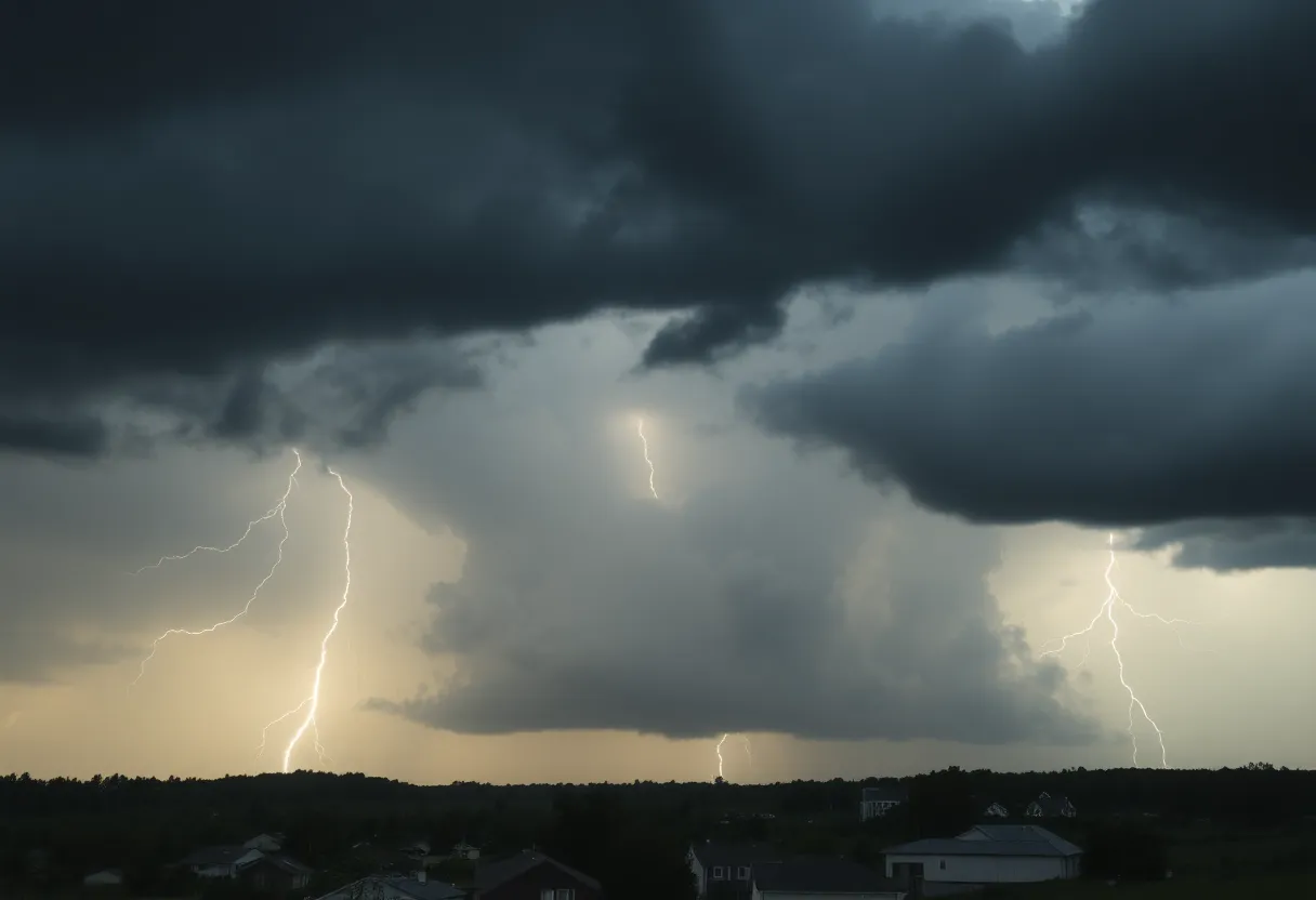 Dramatic thunderstorm clouds hovering over a small town