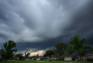 Dark storm clouds over a suburban area with trees blowing in the wind