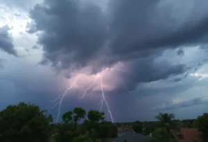 Dark storm clouds over a rural landscape before a thunderstorm