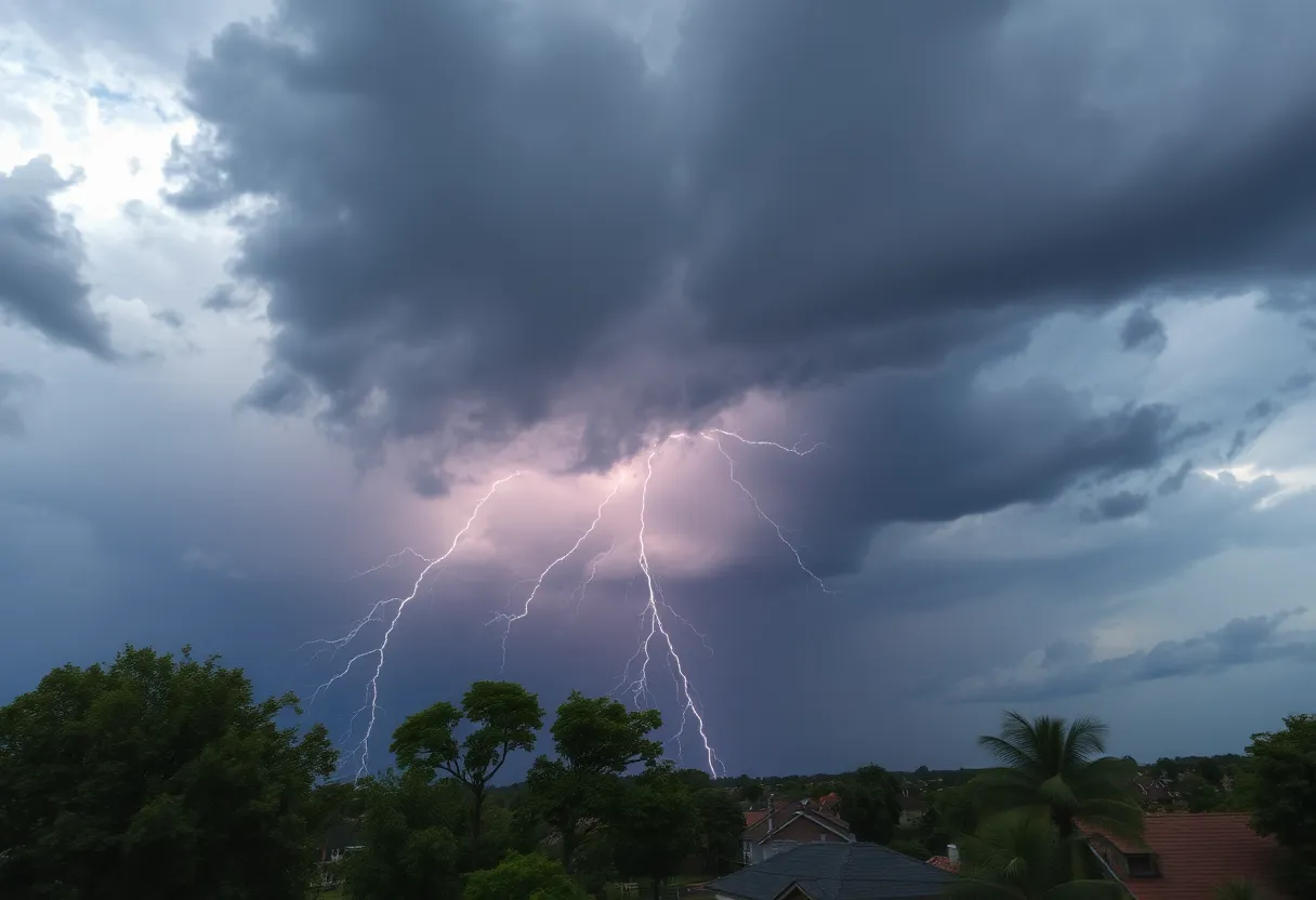 Dark storm clouds over a rural landscape before a thunderstorm