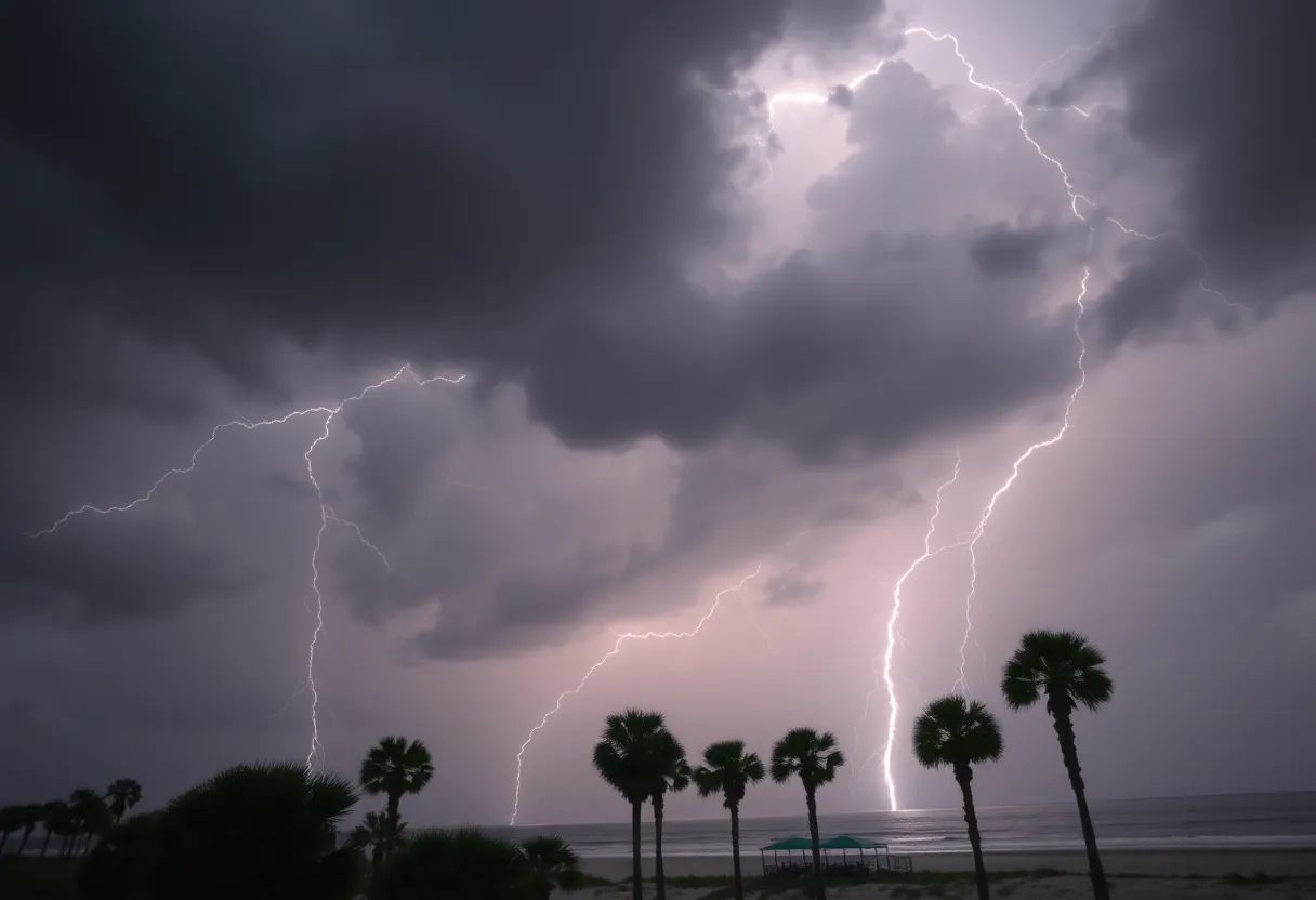 A thunderstorm with lightning striking over Myrtle Beach