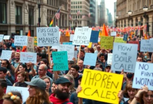Crowd of protesters demonstrating during Trump's birthday parade