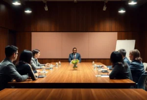 Illustration of a university board meeting discussion