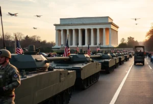 Grand military parade with soldiers and tanks in Washington D.C.