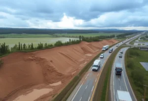 Mudslide blocking lanes on West Virginia Turnpike with stranded vehicles