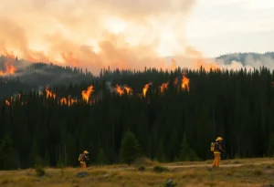 Wildfires raging in Canadian forest with firefighters at work