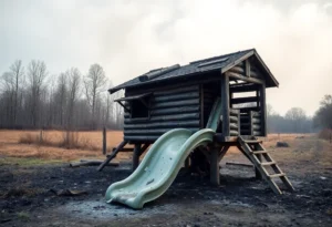 The remains of a woodworking shop and family home destroyed by fire.