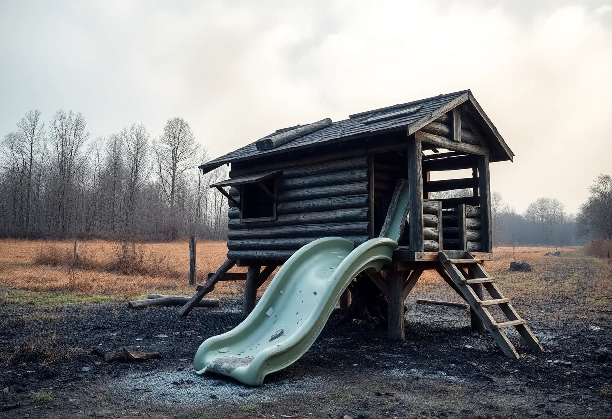 The remains of a woodworking shop and family home destroyed by fire.