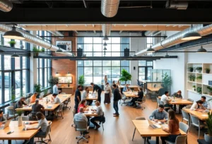 Interior view of 742 North co-working space with people working and collaborating