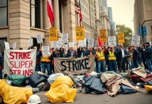 Union workers on strike in Philadelphia, holding signs with a backdrop of trash.