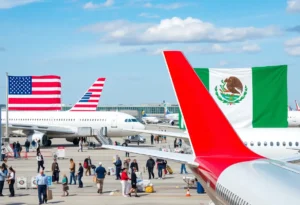 Airport with airplanes and U.S. Mexico flags