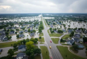 Aerial view of flood-damaged areas in Central Texas