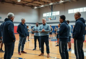 Coaching staff discussing strategies on a basketball court
