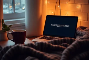 A laptop showing a page not found error in a cozy reading environment