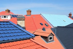 A display of various roof coatings on different styles of roofs.