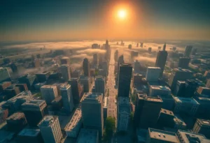 Aerial view of a city experiencing an extreme heatwave.
