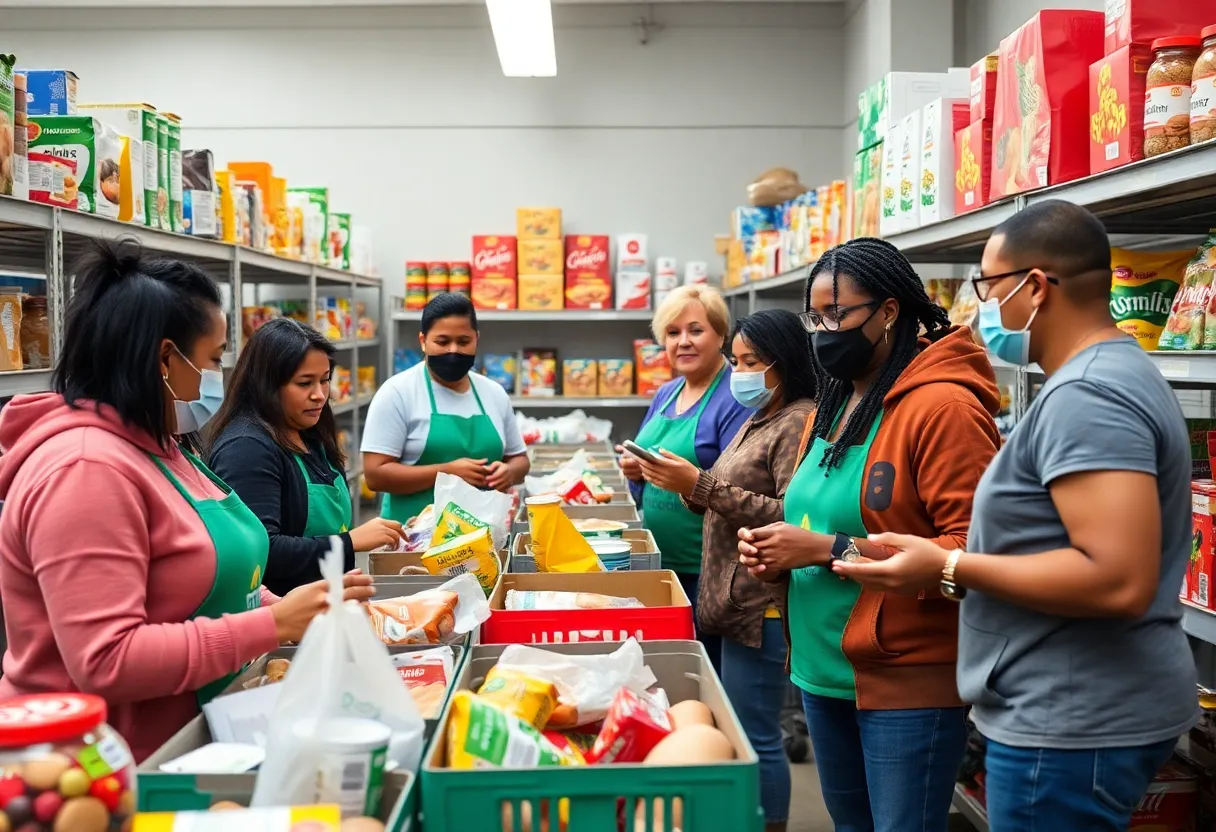 Volunteers at a food bank distributing food to community members.