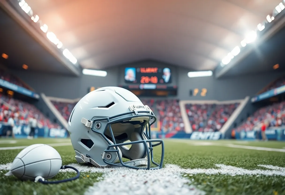 Football gear and helmet symbolizing college football recruitment.