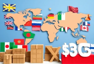 Visual representation of global trade and tariffs with flags and shipping containers