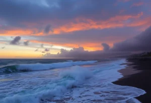 Turbulent waves on the Hawaiian coastline during a tsunami warning