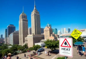 Cityscape showing the effects of a heat wave, highlighting people staying cool.
