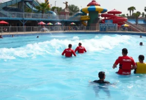 Lifeguards responding to an emergency situation at a wave pool