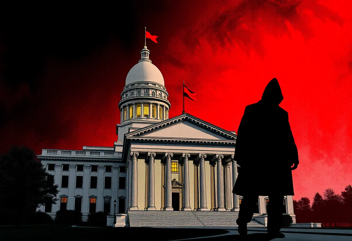 Illustration of a government building with imagery of political tension and investigation.