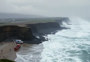 High waves crashing on the shore after the Kamchatka earthquake