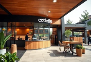 Concept art of Knowledge Perk Coffee Company's drive-thru showcasing a modern design.