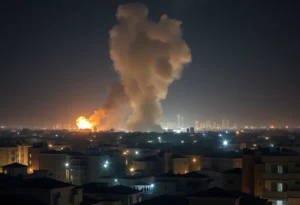 Nighttime view of Kyiv skyline under drone attack with explosions.
