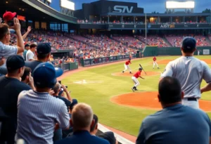 Baseball players celebrating a playoff victory at Huntersville Athletic Park.