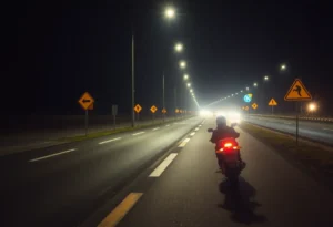 Motorcycle on an empty road with safety warning signs