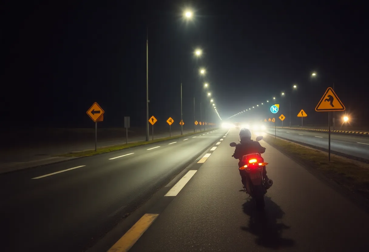 Motorcycle on an empty road with safety warning signs