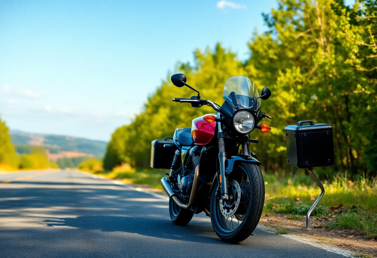 Motorcycle helmet and protective gear on a country road