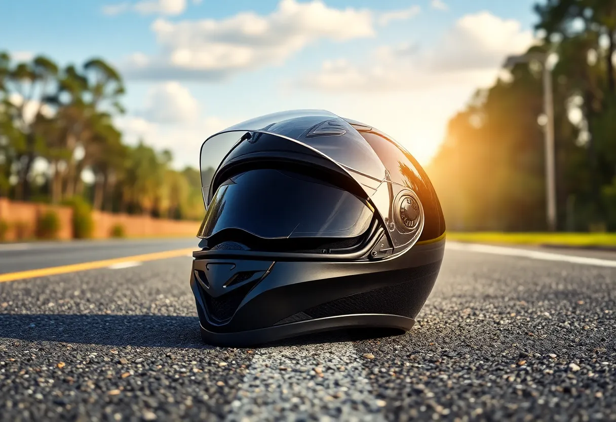 Motorcycle helmet on road symbolizing safety awareness